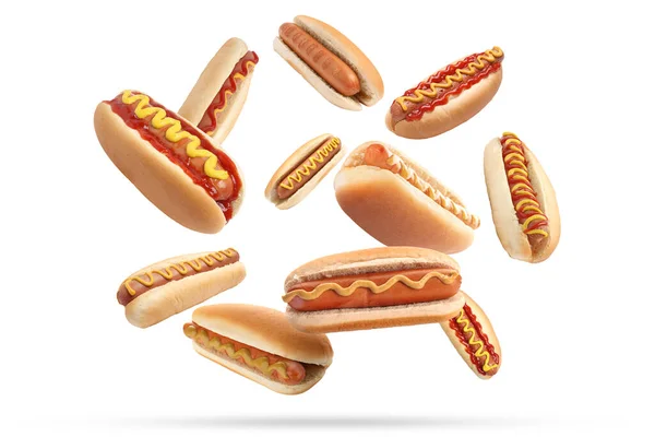 Mnoho Chutné Hot Dogy Pádu Bílém Pozadí — Stock fotografie