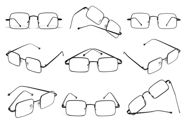 Collage Mit Gläsern Isoliert Auf Weiß Verschiedene Seiten — Stockfoto