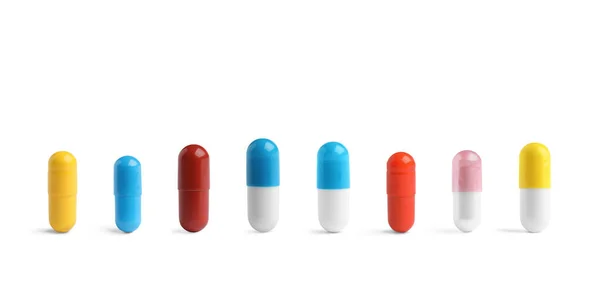 Állítsa Különböző Színű Tabletták Sorban Elszigetelt Fehér — Stock Fotó