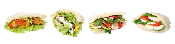 Колаж Смачними Піта Бутербродами Ізольовані Білому — стокове фото