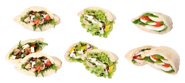 Коллаж Вкусными Сэндвичами Пита Изолированы Белом — стоковое фото