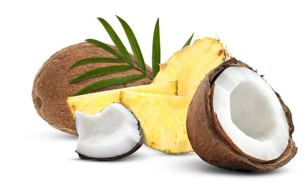 Fresh Ripe Pineapple Coconuts Isolated White — Stock Photo, Image