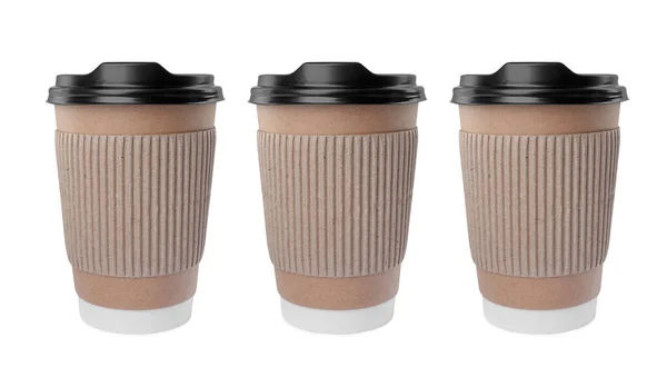 Drink Set Mit Drei Kaffeetassen Aus Papier Isoliert Auf Weiß — Stockfoto