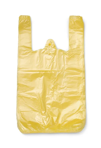 Pilha Sacos Plástico Amarelo Isolado Branco Vista Superior — Fotografia de Stock