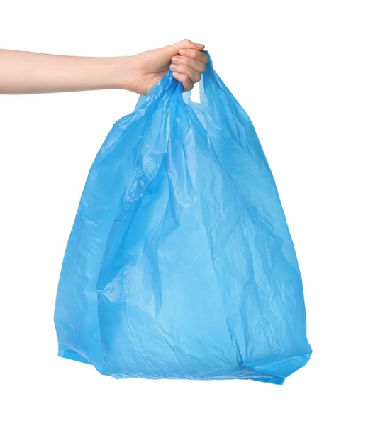 Woman Holding Light Blue Plastic Bag White Background Closeup — Stock Photo, Image