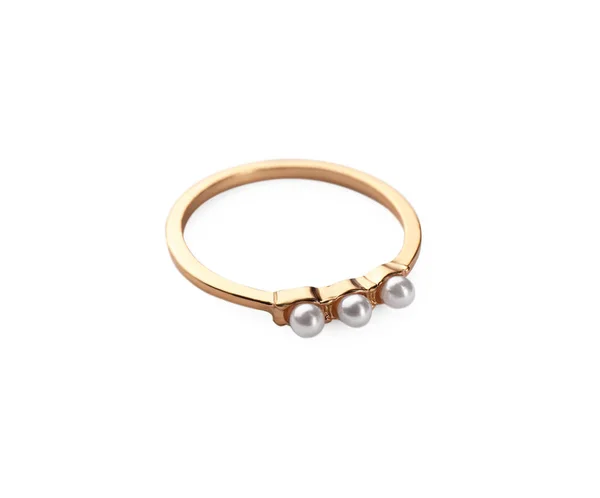 Elegant Ring Med Pärlor Isolerade Vit — Stockfoto