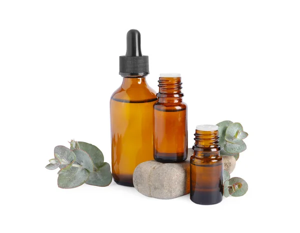 Flaschen Mit Ätherischem Eukalyptusöl Stein Und Pflanzenzweigen Auf Weißem Hintergrund — Stockfoto