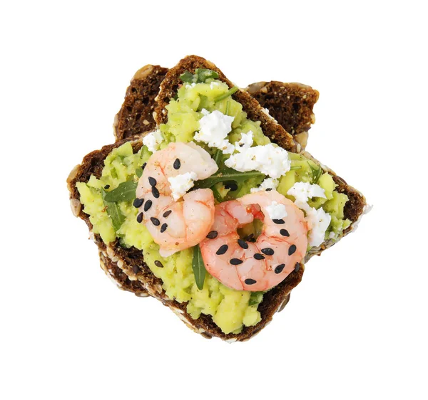 stock image Delicious sandwich with guacamole, shrimps and black sesame seeds on white background, top view