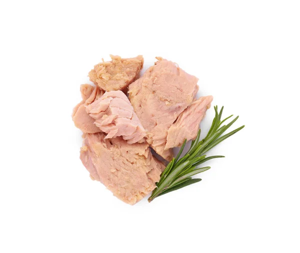 Delicious Canned Tuna Chunks Rosemary Isolated White Top View — Stock Photo, Image