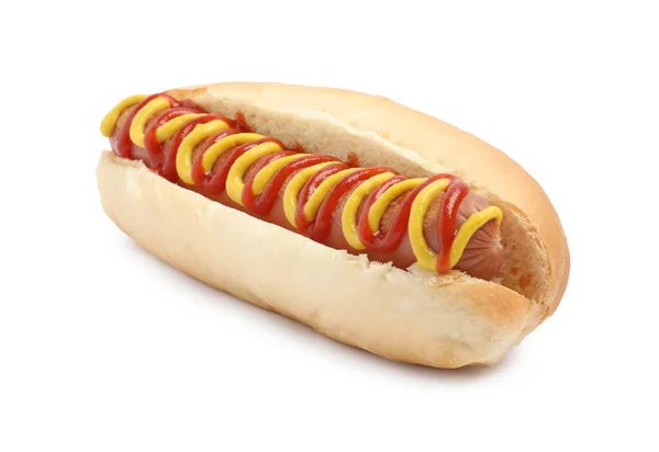 Delicioso Cachorro Quente Com Mostarda Ketchup Fundo Branco — Fotografia de Stock