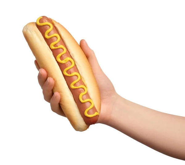 Femme Tenant Délicieux Hot Dog Avec Moutarde Sur Fond Blanc — Photo