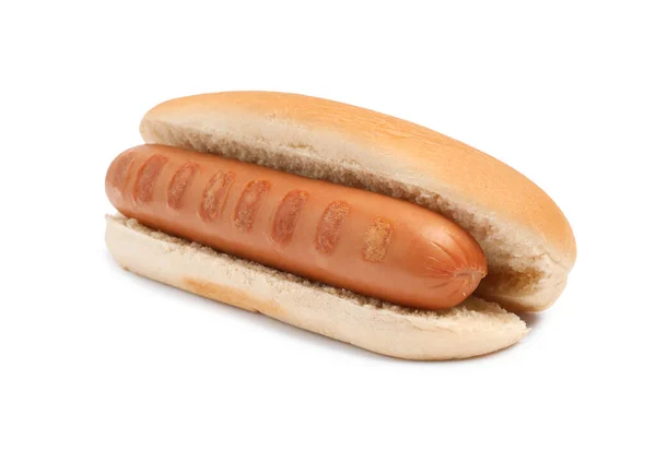 Νόστιμο Hot Dog Bun Λουκάνικο Λευκό Φόντο — Φωτογραφία Αρχείου