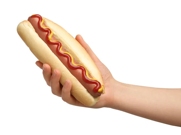Mujer Sosteniendo Delicioso Hot Dog Con Mostaza Ketchup Sobre Fondo —  Fotos de Stock