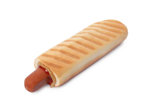 Hot Dog Perancis Lezat Dengan Saus Tomat Dan Mustard Diisolasi — Stok Foto