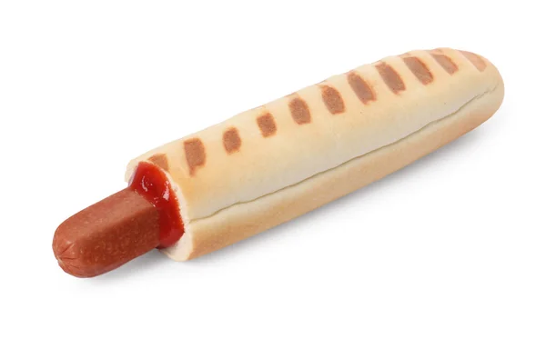 Hot Dog Perancis Lezat Dengan Saus Tomat Terisolasi Atas Putih — Stok Foto