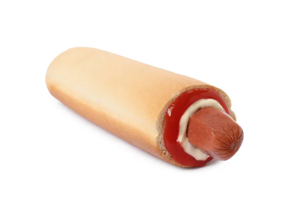 Ízletes Francia Hot Dog Mártással Elszigetelt Fehér — Stock Fotó