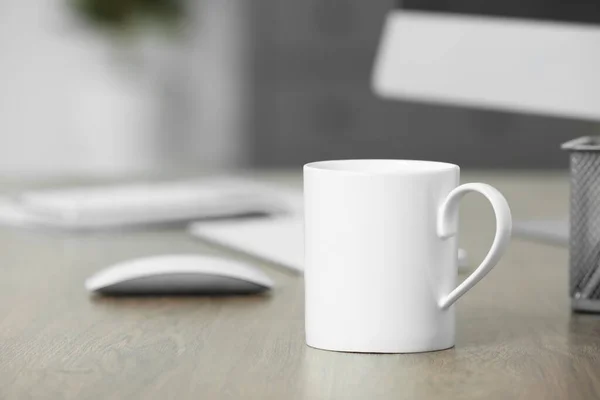 White Ceramic Mug Wooden Table Workplace Mockup Design — Stock Photo, Image