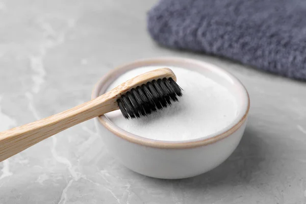 Bamboo Toothbrush Bowl Baking Soda Light Grey Table Closeup — Stock Photo, Image