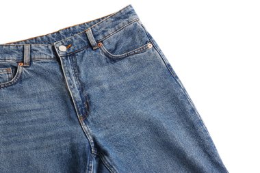 Blue jeans isolated on white, top view. Stylish clothes