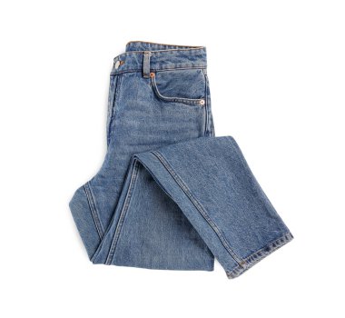 Blue jeans isolated on white, top view. Stylish clothes