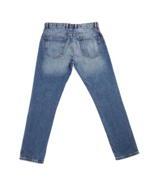 Blue jeans isolated on white, top view. Stylish clothes