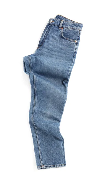 Calça Jeans Azul Enrugada Isolada Branco Vista Superior Roupas Elegantes — Fotografia de Stock