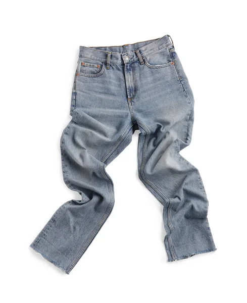 Rumpade Ljusblå Jeans Isolerade Vit Ovanifrån Snygga Kläder — Stockfoto