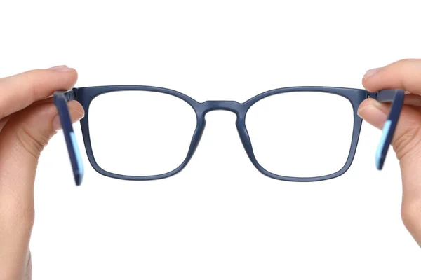 Woman Holding Stylish Glasses Blue Frame White Background Closeup — Stock Photo, Image