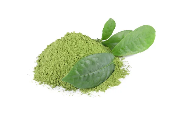 Pile Green Matcha Powder Leaves Isolated White — Stock Photo, Image