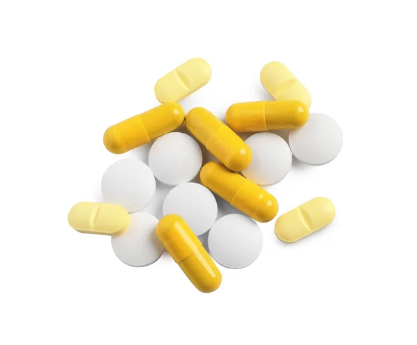 Wiele Różnych Tabletek Izolowanych Białym Widok Góry — Zdjęcie stockowe