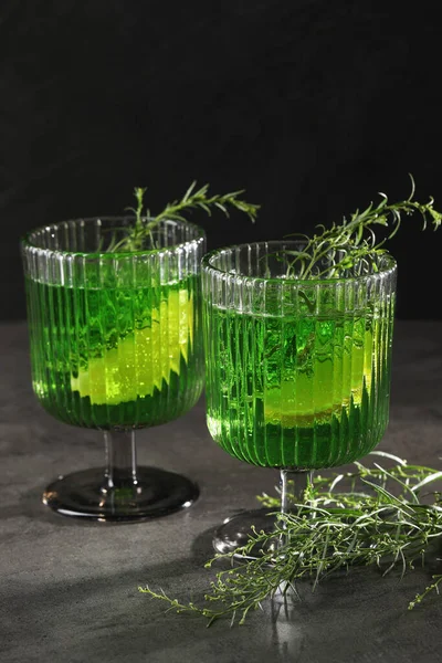 Glasses Homemade Refreshing Tarragon Drink Sprigs Grey Table — Stock Photo, Image