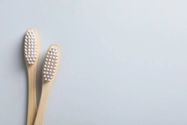 Bamboo Toothbrushes White Background Flat Lay Space Text — Stock Photo, Image