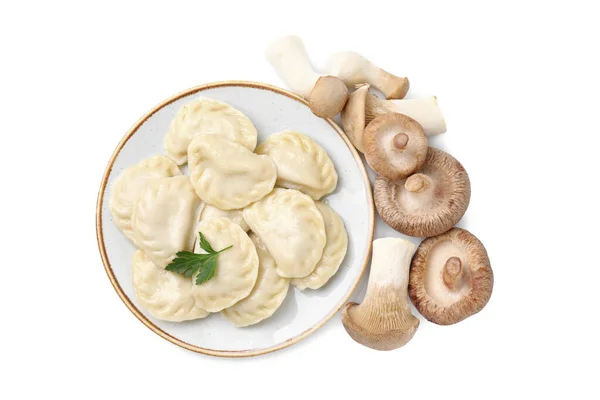 Köstliche Knödel Varenyky Mit Pilzen Und Petersilie Isoliert Auf Weiß — Stockfoto
