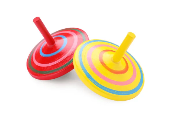 Two Bright Spinning Tops Isolated White Toy Whirligig — Stock Photo, Image