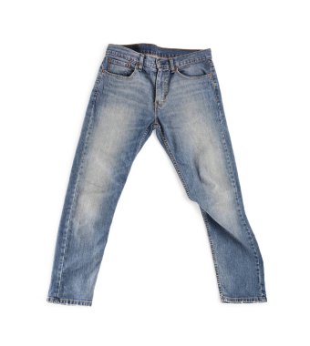 Blue jeans isolated on white, top view. Stylish clothes