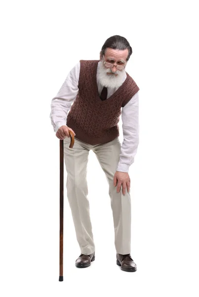 Älterer Mann Mit Gehstock Leidet Unter Knieschmerzen Auf Weißem Hintergrund — Stockfoto