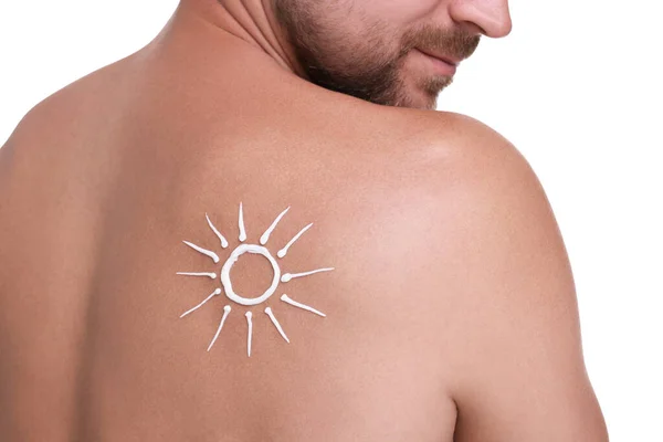 Hombre Con Crema Protección Solar Espalda Contra Fondo Blanco Primer — Foto de Stock