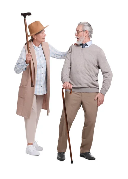 Starszy Mężczyzna Kobieta Chodzącymi Laskami Białym Tle — Zdjęcie stockowe
