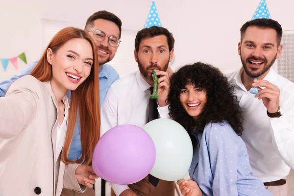 Coworkers Taking Selfie Office Party Indoors — Stock Photo, Image