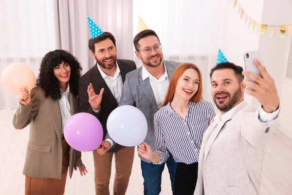 Coworkers Taking Selfie Office Party Indoors — Stock Photo, Image