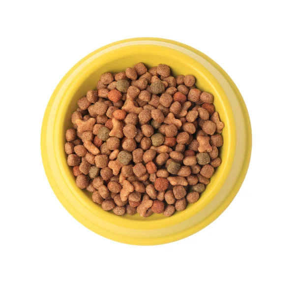 Dry Pet Food Feeding Bowl Isolated White Top View — Stock Photo, Image