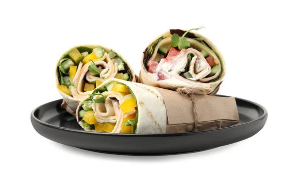 白で分離された新鮮な野菜と美味しいサンドイッチラップ — ストック写真