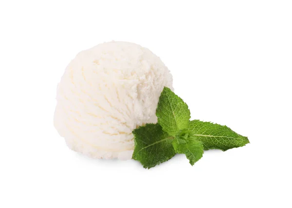 Scoop Νόστιμο Παγωτό Και Φύλλα Δυόσμου Απομονώνονται Λευκό — Φωτογραφία Αρχείου