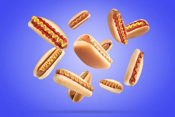 Viele Leckere Hotdogs Auf Blauem Hintergrund — Stockfoto