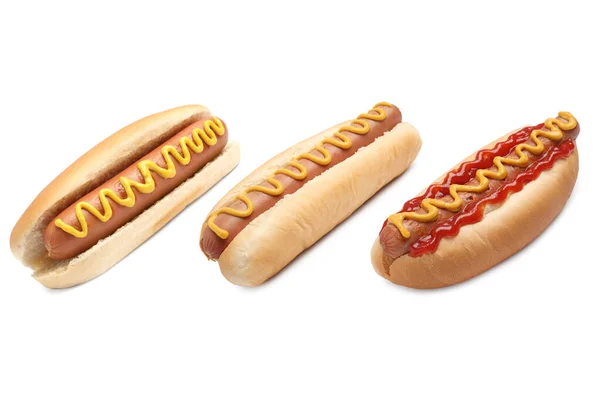 Set Van Verschillende Lekkere Hotdogs Geïsoleerd Wit — Stockfoto