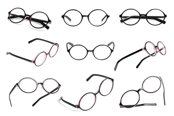 Collage Med Glasögon Isolerade Vita Olika Sidor — Stockfoto