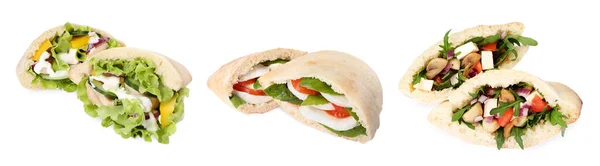 Collage Avec Savoureux Sandwichs Pita Isolés Sur Blanc — Photo