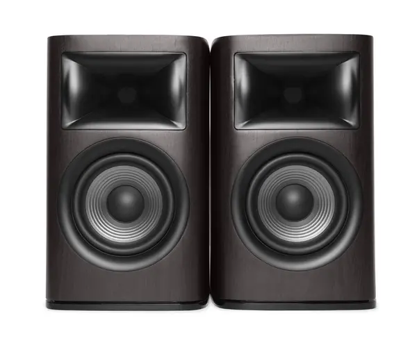 Zwei Hölzerne Lautsprecher Isoliert Auf Weiß — Stockfoto