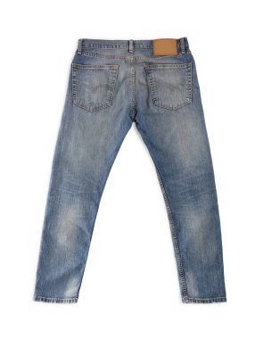 Blue jeans isolated on white, top view. Stylish clothes