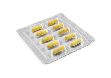 Beyaz arka planda hapların kabarcığı. Tıbbi tedavi